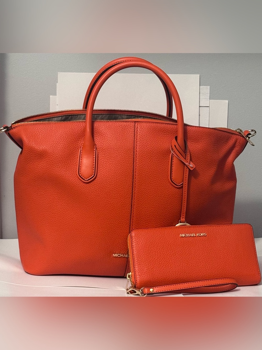 Michael Kors Orange Pebbled Leather Tote + Matching Wristlet Wallet